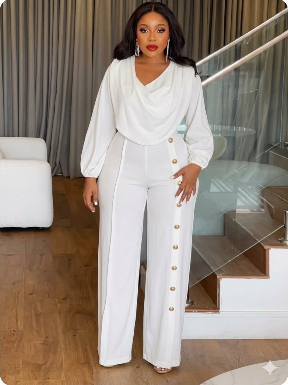 NWT-Chicme Elegant Cowl Neck Wide Leg Lantern Long Sleeve V Neck Jumpsuit